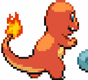 Charmander, Squirtle, and Bulbasaur displayed in a pixelated side-by-side sequence.