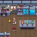 Scientists and monsters standing in a repetitive laboratory setting in pixel art style.