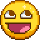 A yellow pixelated smiley face with a wide grin and eyes looking upward.