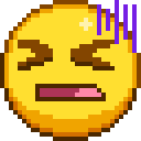 A yellow pixelated emoji face with eyes tightly closed and purple stress lines appearing on the side of its head.