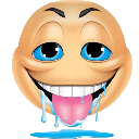 A yellow face with wide blue eyes and a tongue hanging out in an exaggerated expression of hunger or excitement.