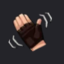 A hand wearing a fingerless glove waving back and forth with motion lines.