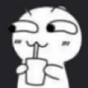 A simple white stick figure with wide, side-glancing eyes drinking from a cup with a straw.