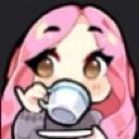 A cute anime girl with pink hair calmly drinking from a white tea cup.