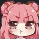 Anime girl with pink hair and buns making a grumpy pouty face.