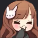 Anime girl with brown hair and a rabbit clip giggles while covering her mouth with her hand.