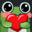 A small green frog with large eyes and pink cheeks holding a large red heart.