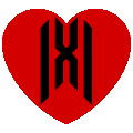 A red heart shape containing a black, stylized geometric logo composed of vertical lines.