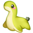 A tiny, light green creature with large dark eyes and a small pink blush on its cheek, smiling shyly.