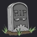 Tombstone with the letters R.I.P. inscribed on it, standing in a patch of green grass.