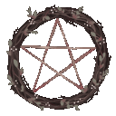 Pentagram symbol centered inside a circular wreath made of brown twisted vines and small leaves.