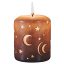 A brown pillar candle decorated with gold moon and star symbols, glowing slightly at the top.
