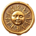 A golden sun with a human face and a smug, knowing expression.