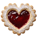 Heart-shaped cookie with a red jam center and powdered sugar dusting.