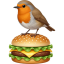 A small robin bird standing on top of a cheeseburger.