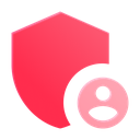 Shield icon in red with a light pink user profile symbol centered on the bottom right.