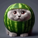 A fluffy gray cat with a round watermelon rind acting as a helmet around its face.