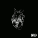 Anatomical heart rendered in grayscale on a black background with a small parental advisory label at the bottom.