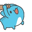 A small blue cat-like creature repeatedly swinging a wooden club with an excited expression.