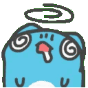 A small blue cat-like creature with swirly eyes and a spinning halo above its head.