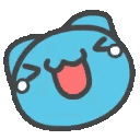 A light blue cartoon creature with a wide open mouth and tears streaming from its eyes, laughing hysterically.