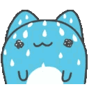A small blue cat-like creature with a nervous smile and sweat droplets appearing all over its body.