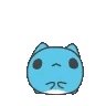 A round blue creature with large, shiny, teary eyes looking up in a pleading expression.