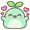 A small green sprout character with a happy face and arms outstretched, surrounded by floating pink hearts.
