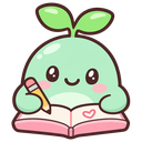 A cute green sprout with a leaf on its head writing in a pink journal with a pencil.