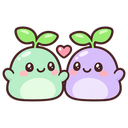Two cute, round, pastel-colored creatures with green leaves on their heads standing together with a small pink heart between…
