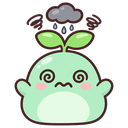 A mint-green creature with spiral eyes and a small rain cloud hovering above its head.