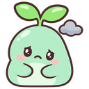A small green sprout creature with a sad, teary-eyed expression and a small gray rain cloud above its head.