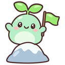 A small green sprout character with a happy expression stands on a snowy mountain peak waving a green flag.