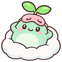 A small green creature with a sprout on its head wearing a pink sleep mask and resting on a fluffy white cloud.