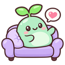 A cute green sprout character with a smiling face relaxes on a purple sofa with a small heart speech bubble above its head.