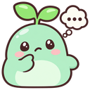 A cute green sprout creature with a leaf on its head looking thoughtful with a thought bubble.