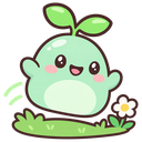 A small, light green sprout character with a happy face waving its arms while standing next to a white flower.