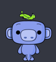 A blue monkey-like creature with a green leaf on its head transitions from a neutral expression to a wide, happy smile.