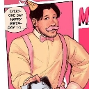 A man wearing a party hat, bow tie, and suspenders smiles with a mustache against a pink background.