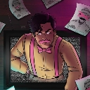 A man with a mustache and pink suspenders leans forward through a static-filled television screen with a suspicious expres...