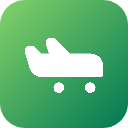 A white airplane icon with wheels underneath, set against a green square background.