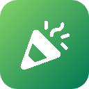 Party popper icon releasing confetti in a white silhouette against a green background.