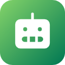 Robot face with a wide, toothy grin on a solid green background.