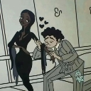 A man in a suit kisses the hand of a woman in a black dress with small hearts floating above them.