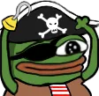 A green frog character wearing a black pirate hat with a skull and crossbones and a black eye patch.