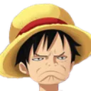 Monkey D Luffy wearing a straw hat with a skeptical, unimpressed facial expression.