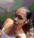A young woman with a long ponytail poses confidently in a four-panel photo collage while wearing a white top.
