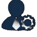 Person silhouette wearing a necktie next to a mechanical gear icon.