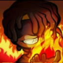 A character with dark hair and a blindfold wearing a wide, mischievous grin while surrounded by bright orange and red flames.