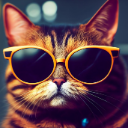 A brown tabby cat wearing bright yellow sunglasses looking directly at the camera with a cool expression.